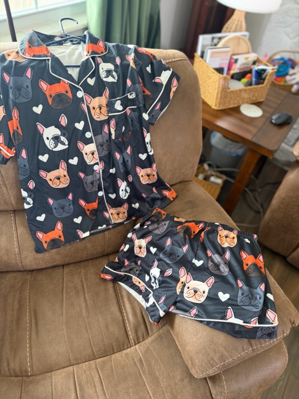 Womens Black French Bulldog Print Pajama Set - Short Sleeve & Shorts